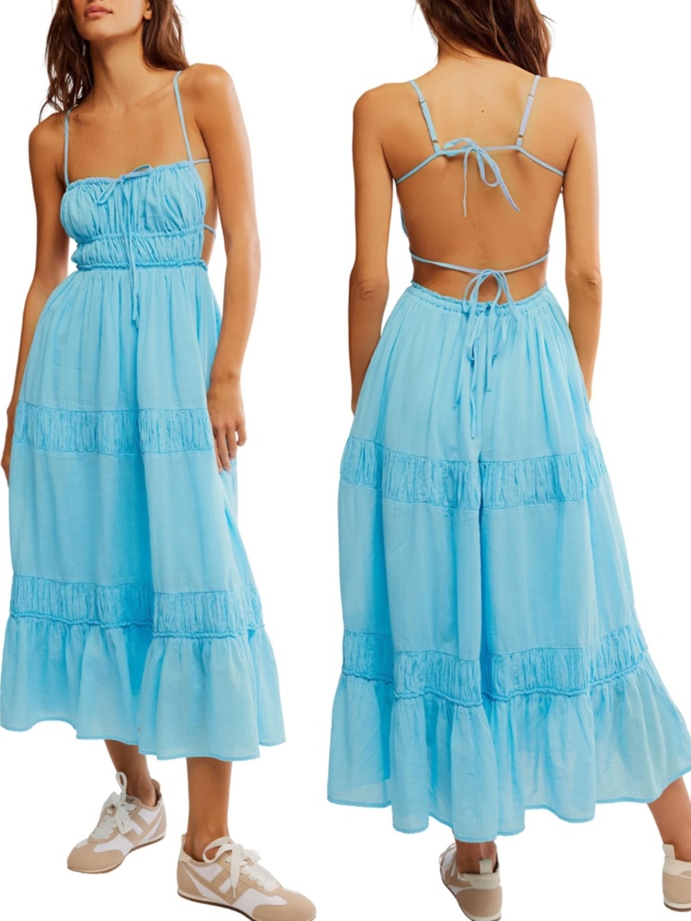 NEW FREE PEOPLE Turquoise AQUA Taking Sides TIERED Cotton OPEN BACK Maxi DRESS L - Picture 3 of 16